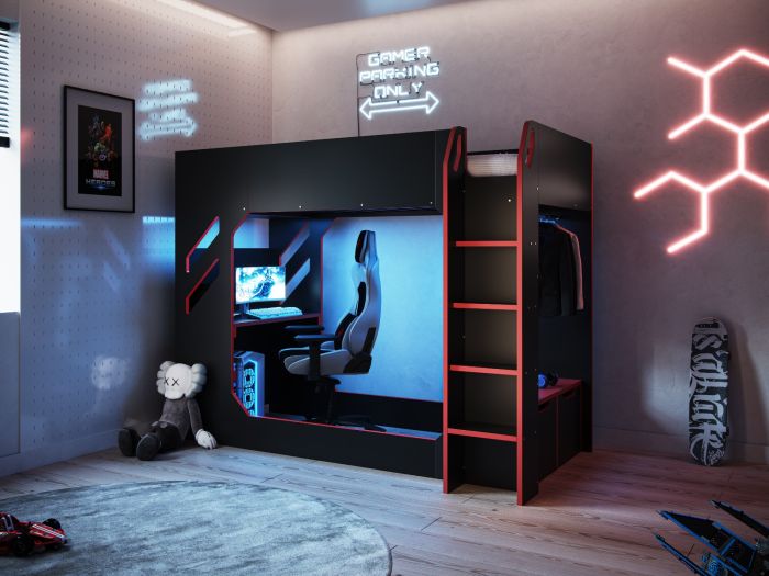 Recoil Shuttle LED Gaming High Sleeper Single Black includes mattress and delivery