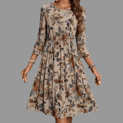 Casual Summer Dress for Women - Floral Printed A-Line Mid-Length Cotton Linen Dress