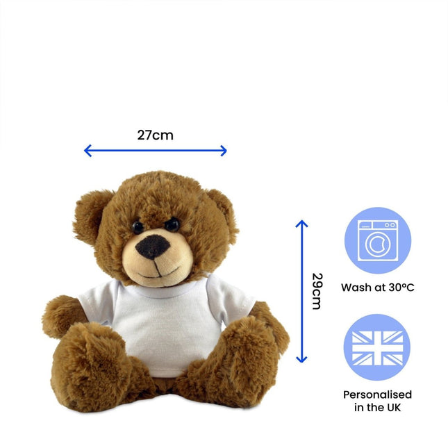 Dark Brown Teddy Bear Toy with T-shirt with Newborn Baby Design in Blue