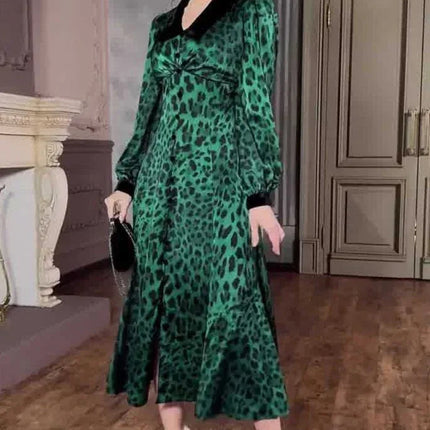 Dark Green Leopard Print Dress with Long Sleeves and Belted Waist - Sizes S to XXL