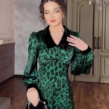 Dark Green Leopard Print Dress with Long Sleeves and Belted Waist - Sizes S to XXL