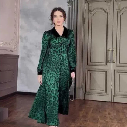 Dark Green Leopard Print Dress with Long Sleeves and Belted Waist - Sizes S to XXL