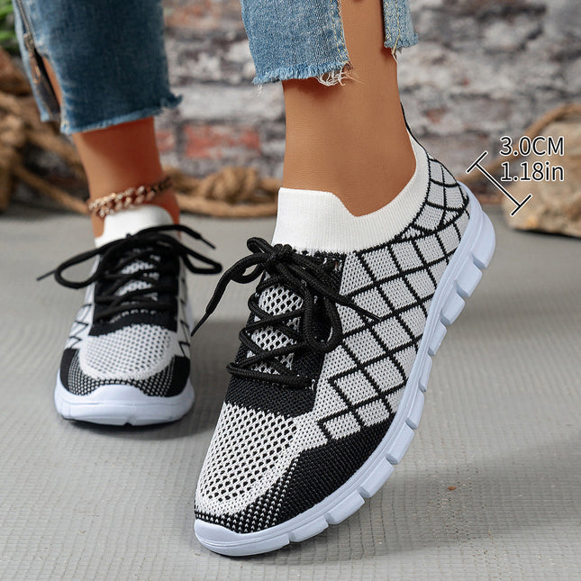 Colorblock Plaid Lace-Up Flyknit Sneakers Ins Mesh Casual Shoes Fashion Breathable Walking Running Sports Shoes For Women