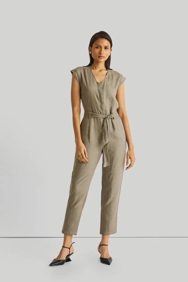 Olive Green Jumpsuit with V-Neck, Micro Sleeves, and Tapered Legs by DC-Reistor