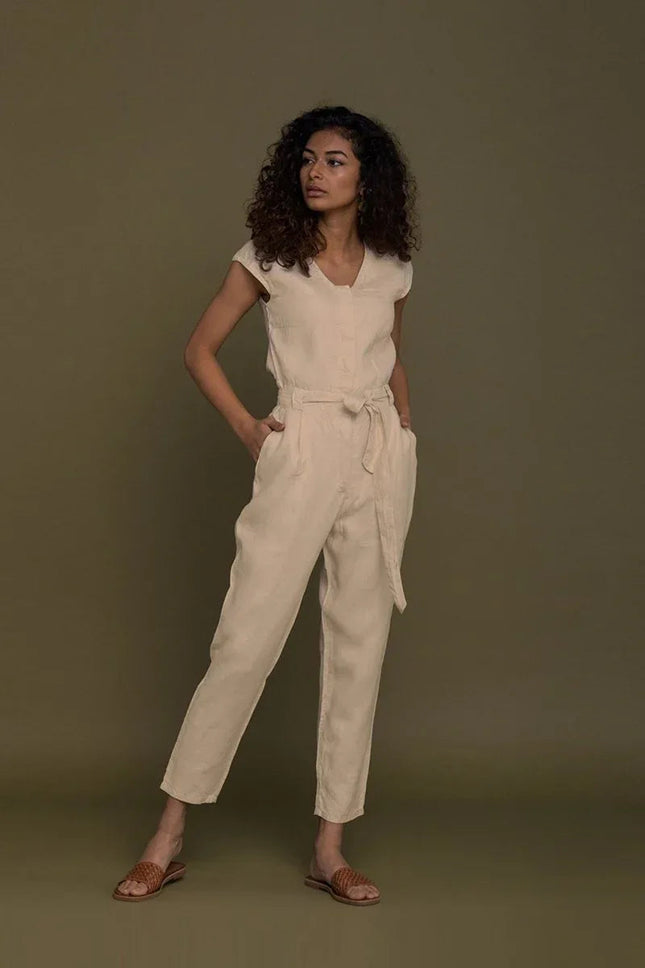 Stylish Neutral Beige Jumpsuit – V-Neck Design, Tapered Legs, Hemp Fabric