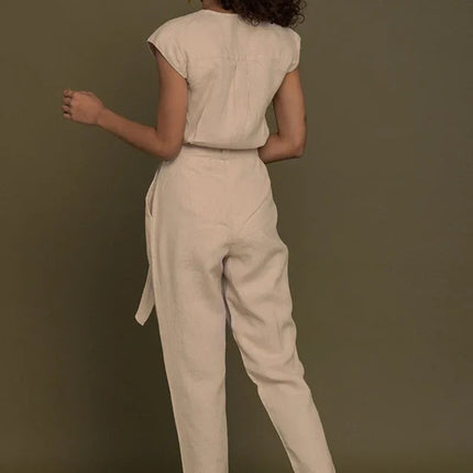 Stylish Neutral Beige Jumpsuit – V-Neck Design, Tapered Legs, Hemp Fabric