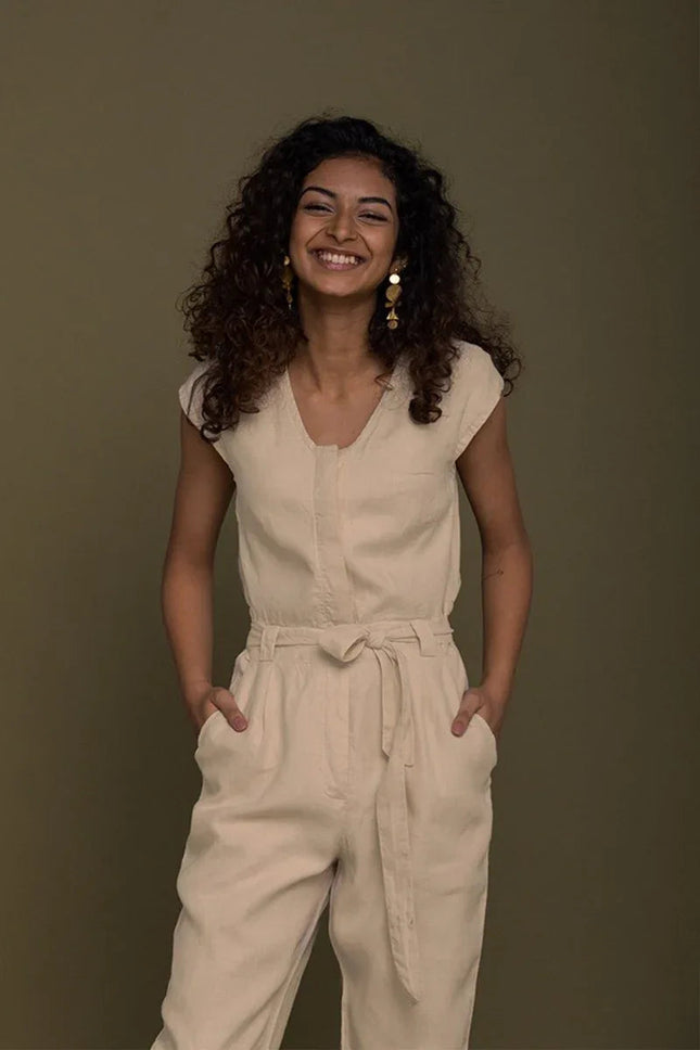 Stylish Neutral Beige Jumpsuit – V-Neck Design, Tapered Legs, Hemp Fabric