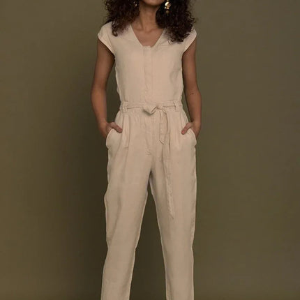 Stylish Neutral Beige Jumpsuit – V-Neck Design, Tapered Legs, Hemp Fabric
