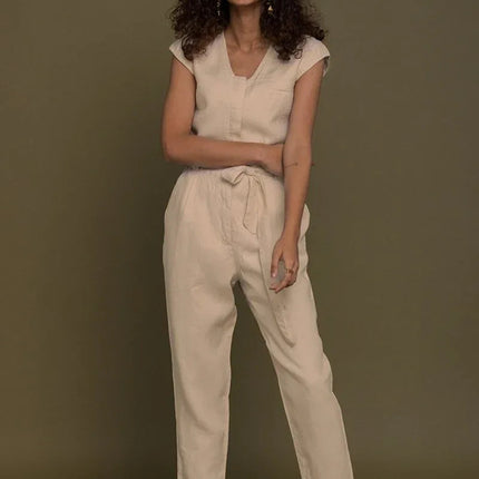 Stylish Neutral Beige Jumpsuit – V-Neck Design, Tapered Legs, Hemp Fabric