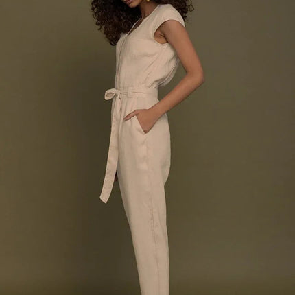 Stylish Neutral Beige Jumpsuit – V-Neck Design, Tapered Legs, Hemp Fabric