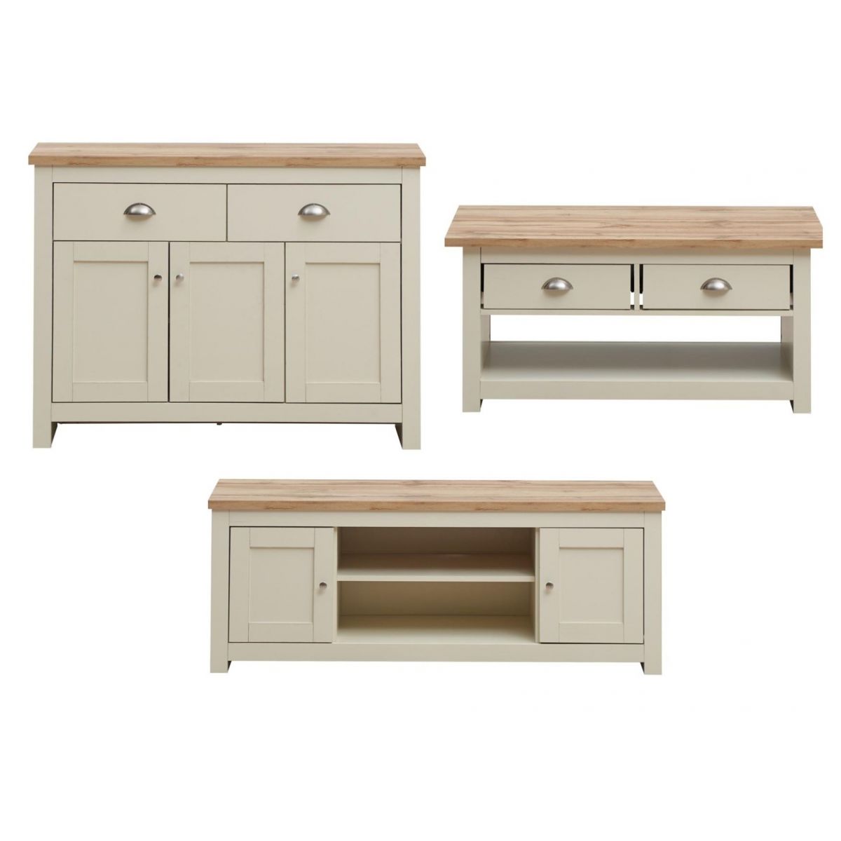 Lisbon 3 Piece Set (Corner TV Unit 2 Drawers, 1 Door & 3 Drawer Sideboard, 2 Drawer Coffee Table) Cream