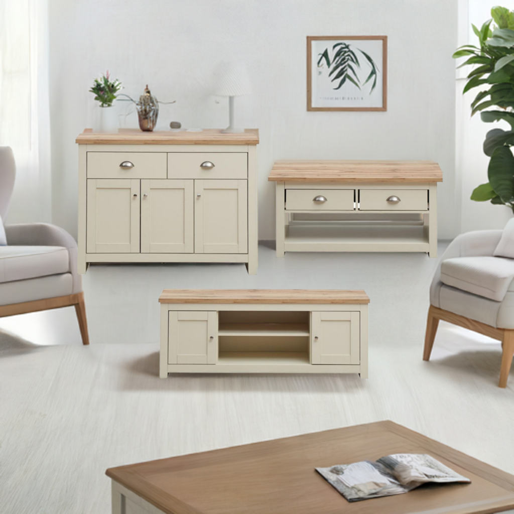 Lisbon 3 Piece Set (Corner TV Unit 2 Drawers, 1 Door & 3 Drawer Sideboard, 2 Drawer Coffee Table) Cream