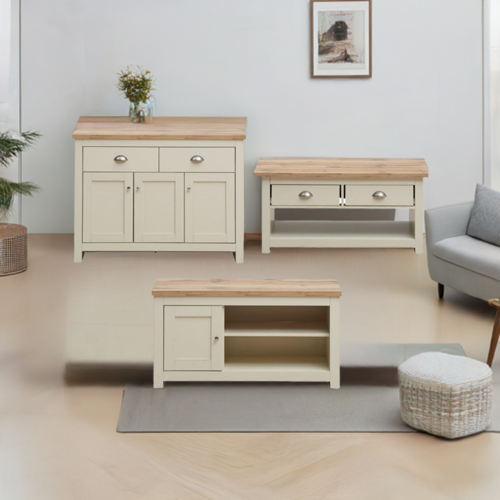 Lisbon Living 3 Piece Set (TV Unit  1 Door 1 Shelf, 3 Doors & 2 Drawer Sideboard, 2 Drawer Coffee Table) Cream