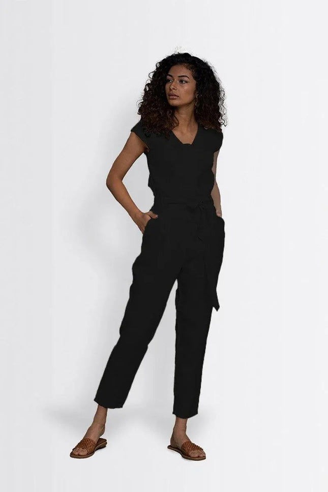 Hemp Jumpsuit with V-Neck, Micro Sleeves, and Pocket - Modern Design for Day or Night