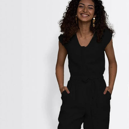 Hemp Jumpsuit with V-Neck, Micro Sleeves, and Pocket - Modern Design for Day or Night