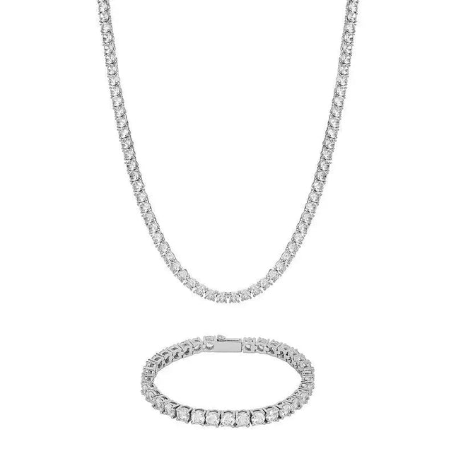 5mm Tennis Chain + Bracelet Set - White Gold
