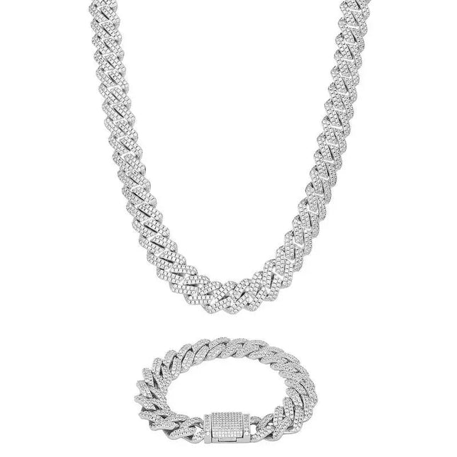 12mm Iced Prong Cuban Chain + Bracelet - Silver