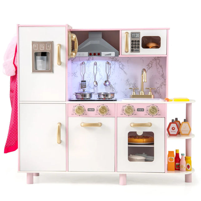 Kids Kitchen Playset Pretend Wooden Play Kitchen with Apron for 3+ Years Old-Pink