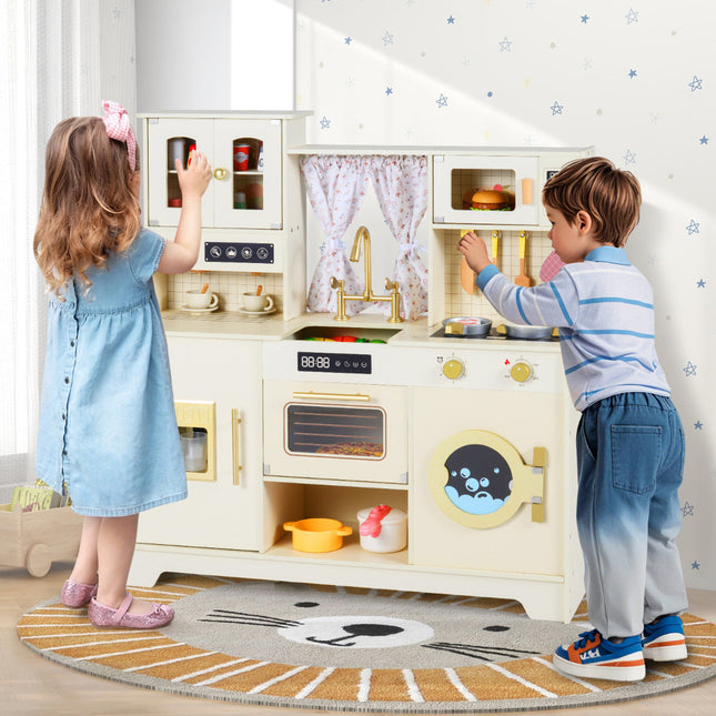 Kids Pretend Toy Kitchen Playset with Stoves Faucet-Beige