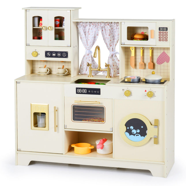Kids Pretend Toy Kitchen Playset with Stoves Faucet-Beige