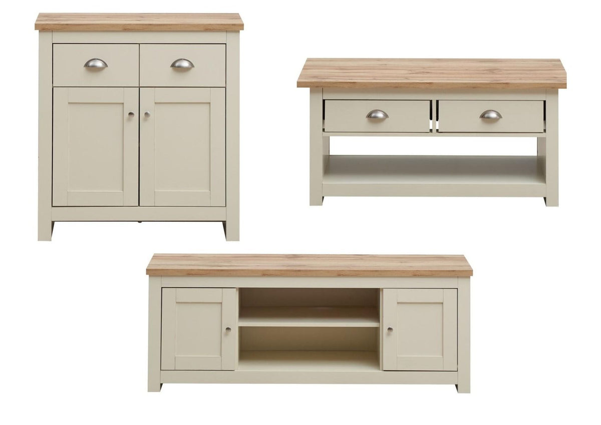 Lisbon 3 Piece Set (TV Unit  2 Doors 1 Shelf, 2 Doors & 2 Drawer Sideboard, 2 Drawer Coffee Table) Cream