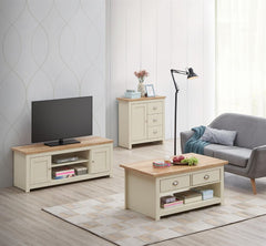 Lisbon Living Room 3 Piece Set (TV Unit  2 Doors 1 Shelf, 1 Door & 3 Drawer Sideboard, 2 Drawer Coffee Table) Cream