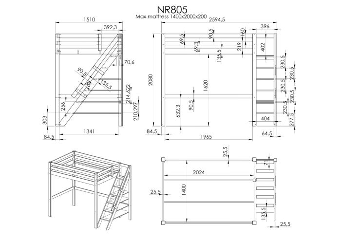 Studio Loft Bed Double High Sleeper in Grey & including Accessories