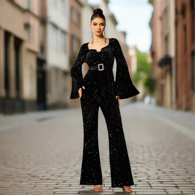 Long Sleeve Square-neck Slim-fit Sheath Banquet Sequined Jumpsuit