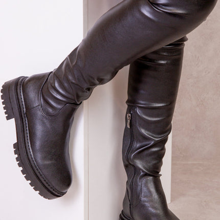 DAWN CHUNKY OVER THE KNEE BOOT WITH LACE DETAIL IN BLACK FAUX LEATHER