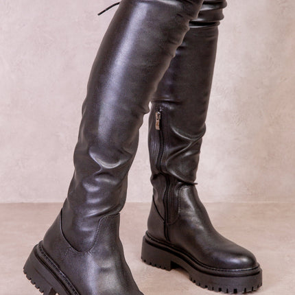 DAWN CHUNKY OVER THE KNEE BOOT WITH LACE DETAIL IN BLACK FAUX LEATHER