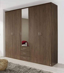 Oak 4 door wardrobe with a 2 door mirrored 3 drawer centre piece wardrobe set