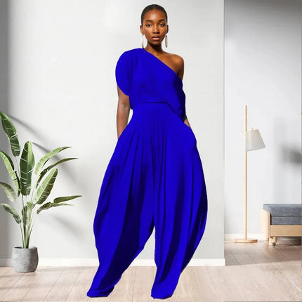One Shoulder Top Solid Colour Women 2 Piece Pants Set