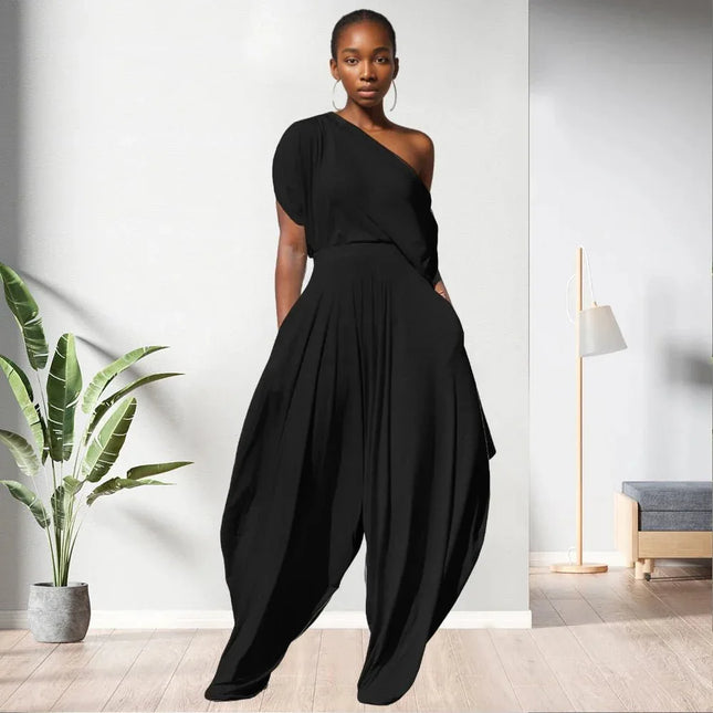 One Shoulder Top Solid Colour Women 2 Piece Pants Set