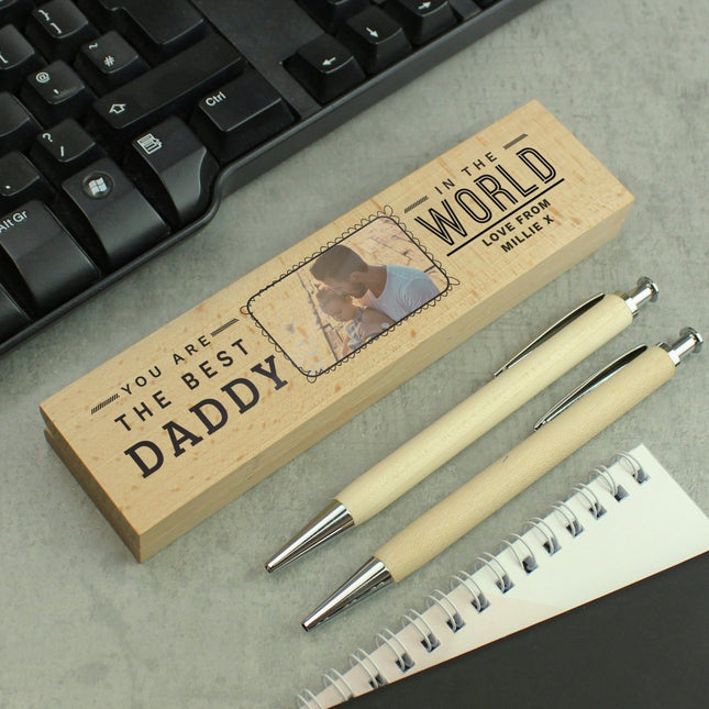 Personalised Best In The World Photo Upload Wooden Pen And Pencil Set