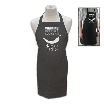 Personalised Black Apron with Hot Stuff - Name's Kitchen