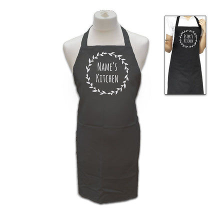 Personalised Black Apron with Name's Kitchen Wreath