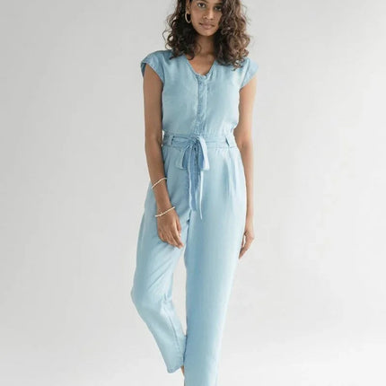Stylish Tencel Jumpsuit for Women | V-Neck, Micro Sleeves, and Pocket Details in Blue Denim