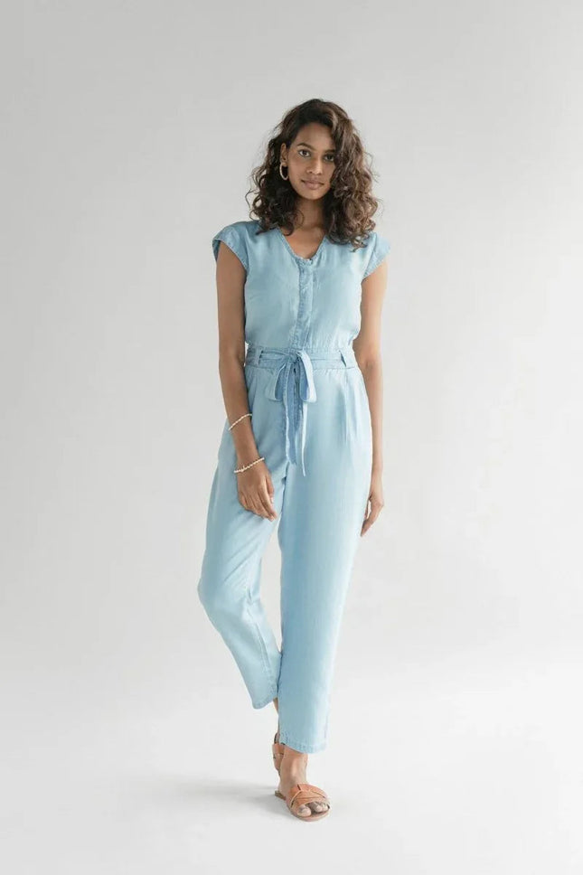 Stylish Tencel Jumpsuit for Women | V-Neck, Micro Sleeves, and Pocket Details in Blue Denim
