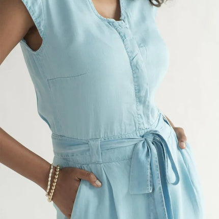 Stylish Tencel Jumpsuit for Women | V-Neck, Micro Sleeves, and Pocket Details in Blue Denim
