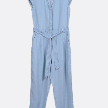 Stylish Tencel Jumpsuit for Women | V-Neck, Micro Sleeves, and Pocket Details in Blue Denim