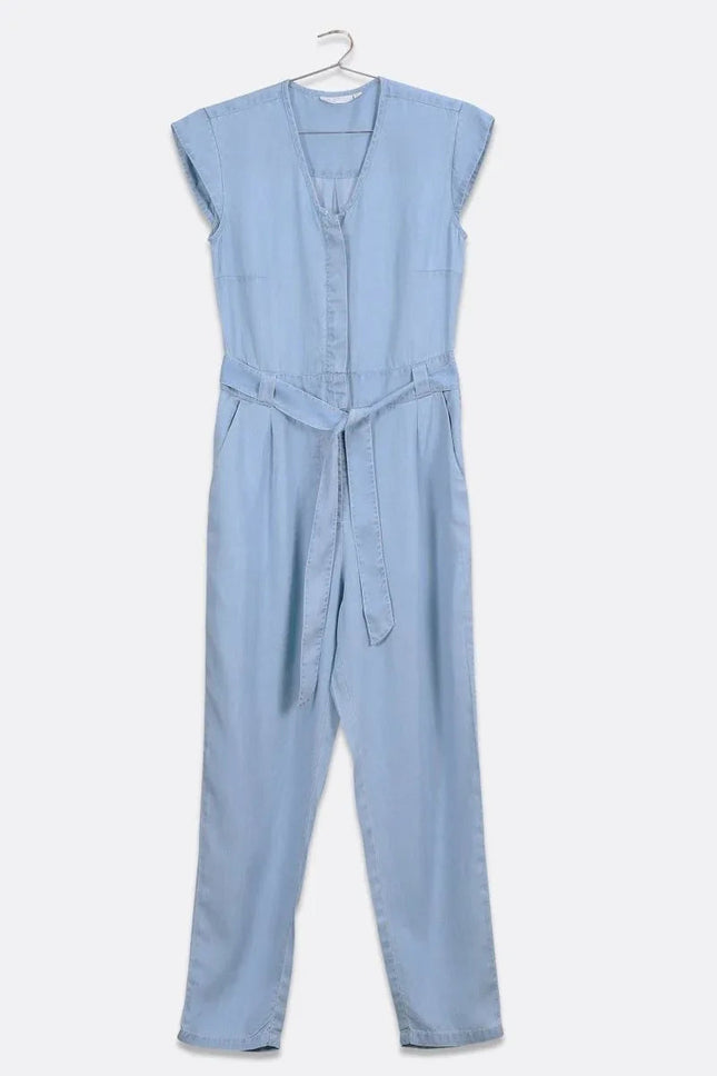 Stylish Tencel Jumpsuit for Women | V-Neck, Micro Sleeves, and Pocket Details in Blue Denim