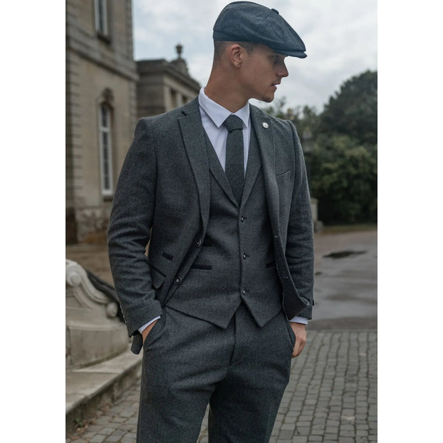 STZ11 - Men's Grey Black 3 Piece Tweed Suit Herringbone Wool