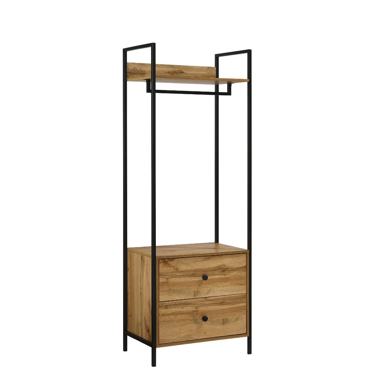 Zahra Open Wardrobe with 2 Drawers In Oak Effect With Metal Frame