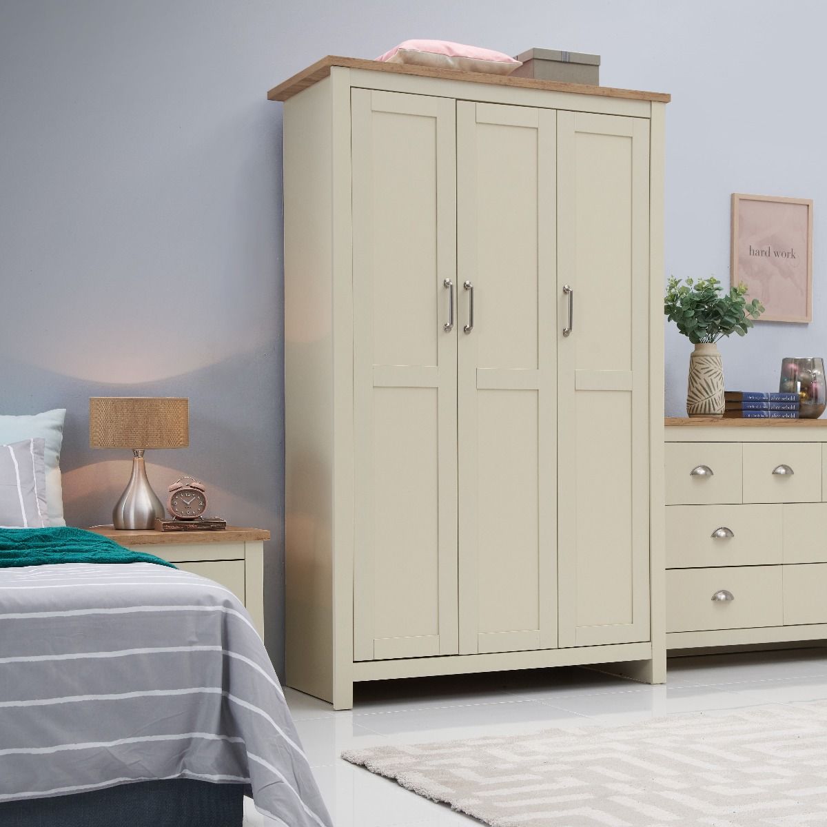 Lisbon 3 Piece Set (3 Door Wardrobe, 3+4 Chest, 2 Drw Bedside)