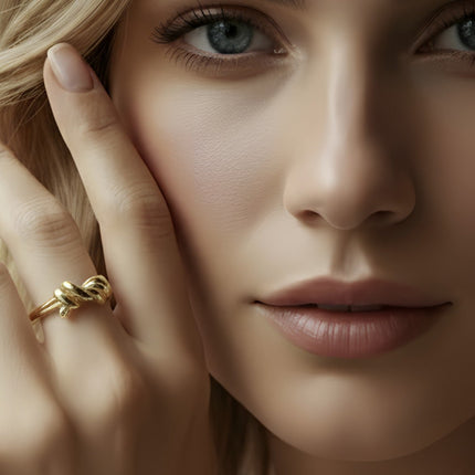 Ameya Twisted Knot Ring, 18K Gold Plated Silver, Adjustable Croissant Design