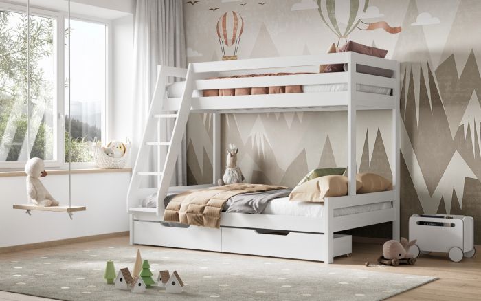 NOOMI NORA SOLID WOOD TRIPLE BUNK BED WITH OPTIONAL STORAGE (FSC-CERTIFIED)With Drawers & Top/Bottom Mattresses